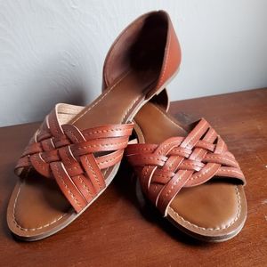 Cognac faux leather Huarache flats, open toe.